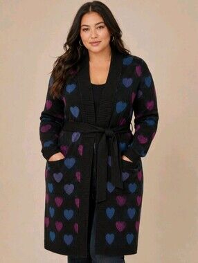 Torrid Heart Plush Duster Tie Front Cardigan Sweater Size 6X 34 Hearts Winter